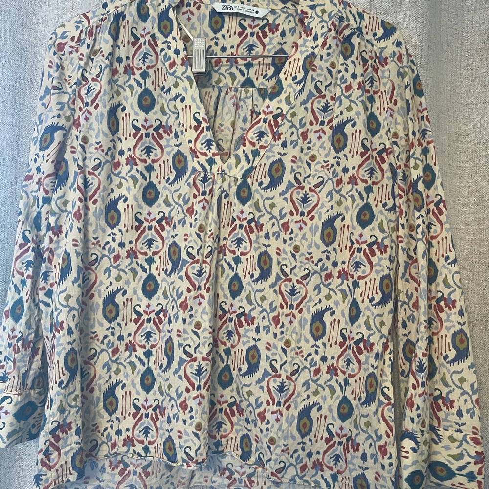 Zara Cream Paisley-Patterned Long Sleeve Tunic with Blue & Rust Accents
